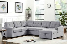 Lilola Home Selene Light Gray Linen Fabric Sleeper Sectional Sofa With Storage Chaise