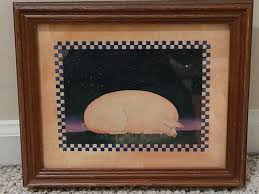 Framed Primitive Folk Art Pig Under A
