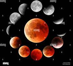 Phases de lune rouge complet en cercle sur fond noir. L'ensemble des phases  de l'éclipse de lune ne passe au rouge Photo Stock - Alamy