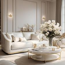 cozy white sofa and golden coffee table