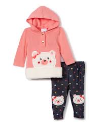 Nannette Baby Pink Button Front Bear Hoodie Dot Bear Knee Patch Leggings Newborn Infant Toddler Girls