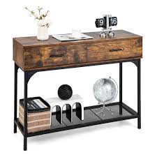 2 Drawers Console Table With Metal Frame For Living Room Rustic Brown丨costway