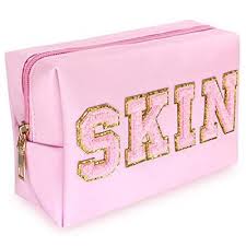 preppy makeup bag with skin letter