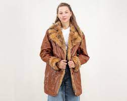 Faux Fur Leather Coat Women Vintage 80s