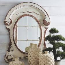 distressed white wash wood oval mirror