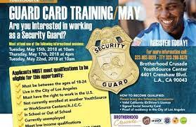 Guard card class (power to arrest), baton training, firearm training, pepper spray/tear gas training. Upcoming Events Guard Card Training Brotherhood Crusade