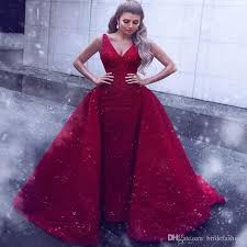 Red Sexy Lace Prom Dresses Deep V Neck Beads Sequins Shinning Overskirts Evening Dress Low Back Sexy Celebrity Formal Dress Party Wear