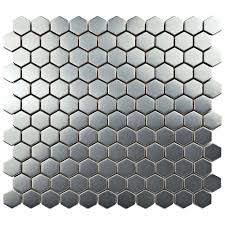 Trendy hexagon tile is a vintage look that's new again, making it a great fit for old home updates and new homes alike. Merola Tile Meta Hex 11 1 4 Inch X 11 1 4 Inch X 8 Mm Stainless Steel Over Ceramic Mosaic The Home Depot Canada