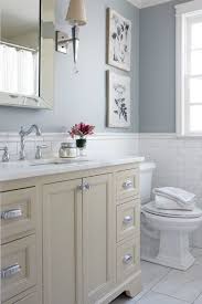 blue bathroom with cream washstand