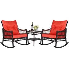 Veikous Dark Brown 3 Piece Patio Wicker Outdoor Rocking Chair Set With Orange Cushions And Pillows