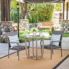 Noble House Camden Gray 3 Piece Wood And Wicker Outdoor Bistro Set