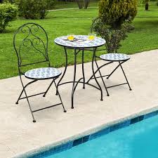 Angeles Home 3 Piece Mosaic Fl Pattern Metal Round Outdoor Bistro Set With Folding Chair Blue