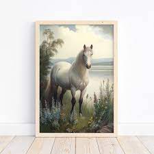 Vintage White Horse Oil Painting
