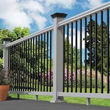 White stair rail kit with square balusters featuring polycomposite technology offers the high quality, low maintenance . Veranda Traditional 8 Ft X 36 In White Vinyl Rail Kit With Black Metal Balusters 73024860 The H Deck Designs Backyard Patio Deck Designs Metal Deck Railing