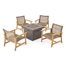 This outdoor patio fire pit set is perfect for the backyard, patio, deck, poolside or other outdoor living space. Harleigh Outdoor 5 Piece Wood And Wicker Club Chairs And Fire Pit Set Gray And Brown Walmart Com Walmart Com