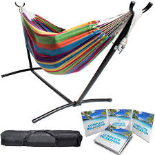 The double hammock is made with a 100% tightly woven cotton cloth, which allows for a soft and airy, breathable fabric. 9ft Double Hammock Combo With Carry Bag And Stand Caribbean Rainbow Pattern Walmart Com Walmart Com