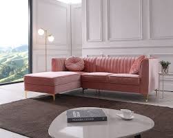 pink velvet left facing sectional sofa