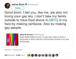 I like people to know when i'm drinking coffee, so i joined twitter. James Gunn Slams Homophobic Post About Mcdonald S Rainbow Fries In Epic Tweet
