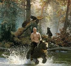 There have been many satirical memes about russia's announcement one of the most popular being shared portrays mr putin riding a bear with a giant syringe strapped to his back. Topless Vladimir Putin Riding A Bear Dangerous Minds