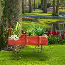 Wooden Wagon Plant Bed With Wheel For