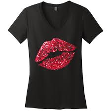 y red glitter lips kiss me love makeup lipstick shirt tee women s v neck t shirt