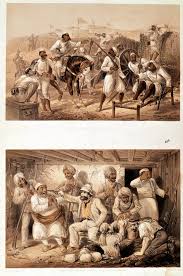 Two scenes of the Indian Mutiny in 1857 depicting mutinous sepoys and an  English agent extracting treasure after the occupation of Delhi