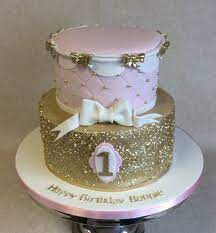 2 Tier Pink Gold Cake For 1st Birthday With The Top Left Undecorated  gambar png