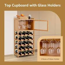 Bunpeony 20 Bottle Yellow Freestanding Bamboo Wine Rack Cabinet With Display Shelf And Glass Hanger