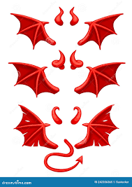 дьявольские крылья мультфильмов. хвостовый монстр-монстр рог красное крыло  дьявольского костюма, плохой персонаж, злой сатанинская Иллюстрация вектора  - иллюстрации насчитывающей ужас, демонический: 242356365