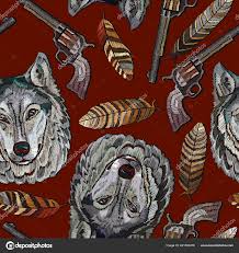Embroidery Head Wolf Feathers Guns Seamless Pattern Template