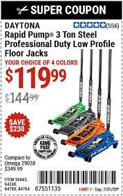 Hunt for scorching savings with this 164 dollar off harbor freight coupon. Daytona 3 Ton Low Profile Professional Rapid Pump Floor Jack For 119 99 Harbor Freight Coupons