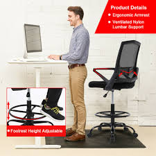 Why get a standing desk chair or stool? Black Drafting Chair Tall Office Chair Adjustable Height With Lumbar Support Arms Footrest Mid Back Desk Chair Swivel Rolling Mesh Computer Chair For Adults Standing Desk Drafting Stool Drafting Chairs Office Products