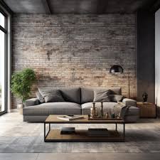 brick wall home design with gray sofa