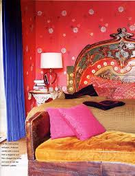 red and blue boho bedroom interiors