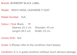 Burberry Black Label Mens Wool Cashmere P Coat Bk Grade S Used