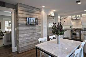 gray shiplap accent wall in kitchen for