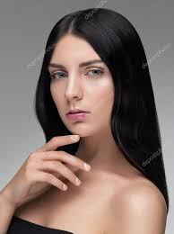 sensual woman with black shiny hair and