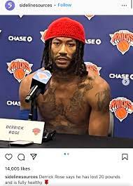 Katz] We have our first Muscle Watch of Knicks media day. Derrick Rose lost  more than 20 pounds. He came into the press room shirtless and is doing his  interview with his