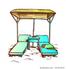 deck chairs under canopy on beach retro