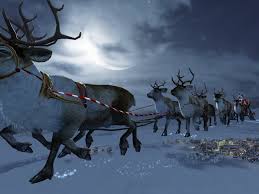 A coloring page of santa claus' sleigh pulled by two flying reindeer near santa's home in the north pole, illuminated by the moonlight under a clear starry night. Santa Flying Reindeer Wallpaper Free Hd Santa Download