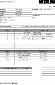 Free Call Sheet Template Xls 47kb 3 Page S