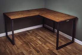 Bespoke vintage looking industrial desks and office tables in corner style handmade in uk. Remington Corner Desk Russell Oak Steel