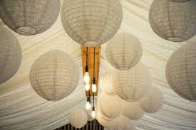 Detail Of White Japanese Rice Paper Lamps And Fabric Canopy Decorations For A Naming Ceremony In An Historic Barn Stock Photo Dissolve