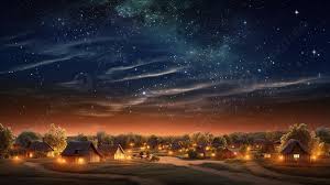 starry night sky illuminating a village