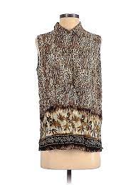 california krush sleeveless blouse collared covered shoulder tan print tops women s size small thredup