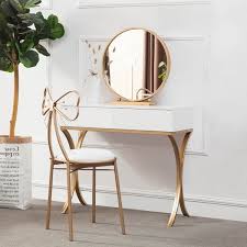wood makeup table with round mirror
