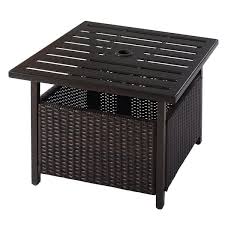 Forclover Patio Brown Rattan Wicker Steel Edge Deck Outdoor Side Table With 1 5 In Umbrella Hole
