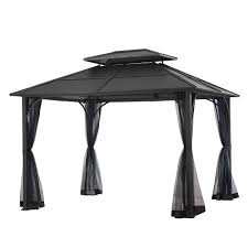 Sturdy and durable, this gazebo is comprised of high quality aluminum structure with a powder coated granulated finish. Hampton Bay 10 Ft X 12 Ft Farrington Hard Top Gazebo In Graphite With Mosquito Netting I The Home Depot Canada