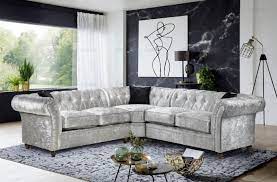 crushed velvet silver fabric corner sofa