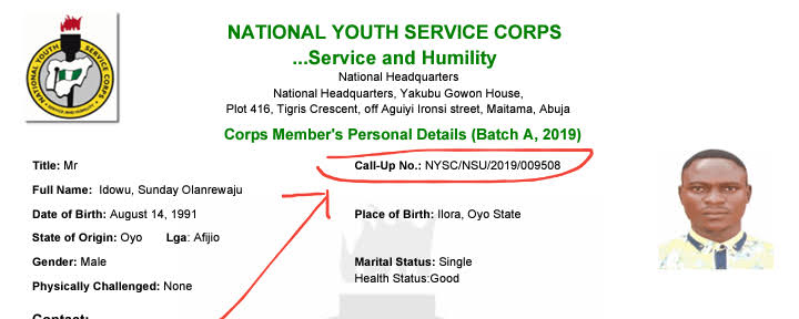 Sample of NYSC Call Up Number.